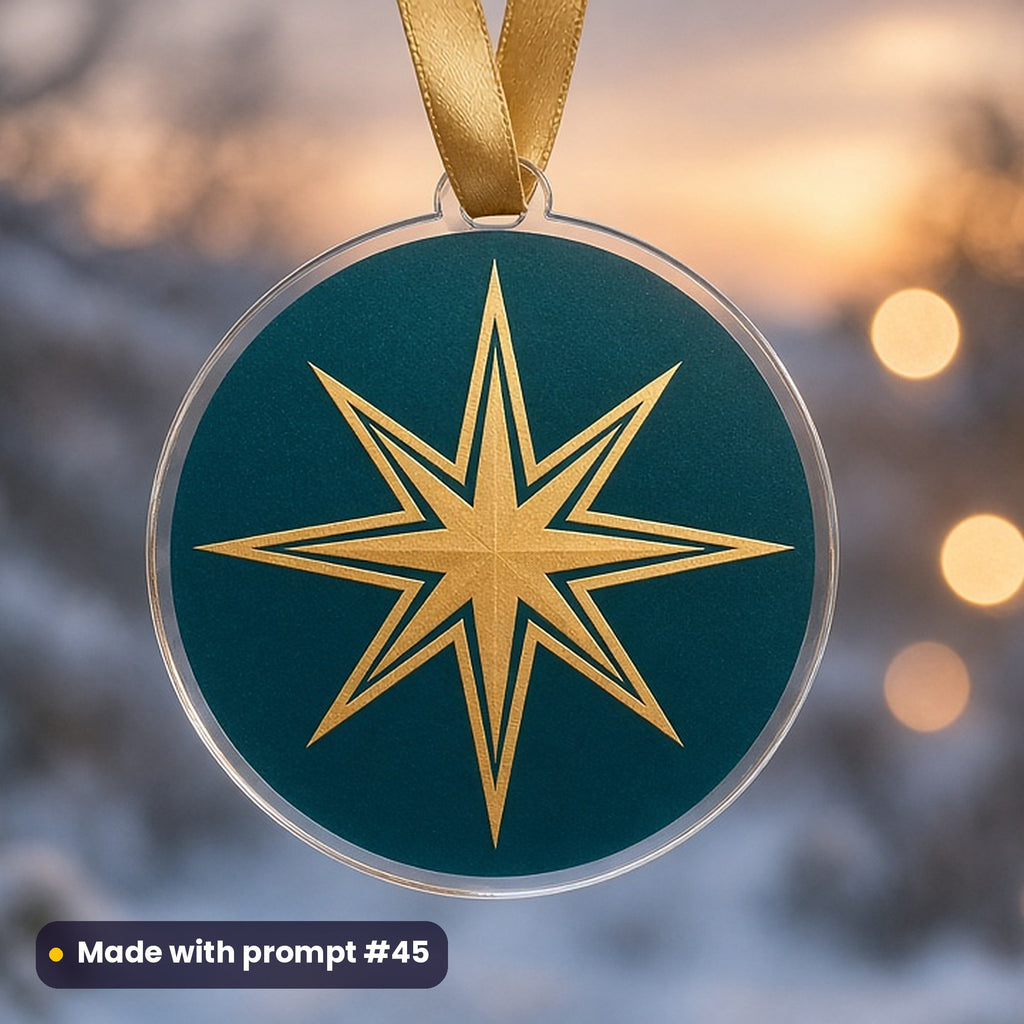 Epiphany & Three Kings' Day artwork printed on a UV-printed clear acrylic ornament: bright eight-pointed guiding star with long golden rays, art deco style, made with prompt #45 from this pack