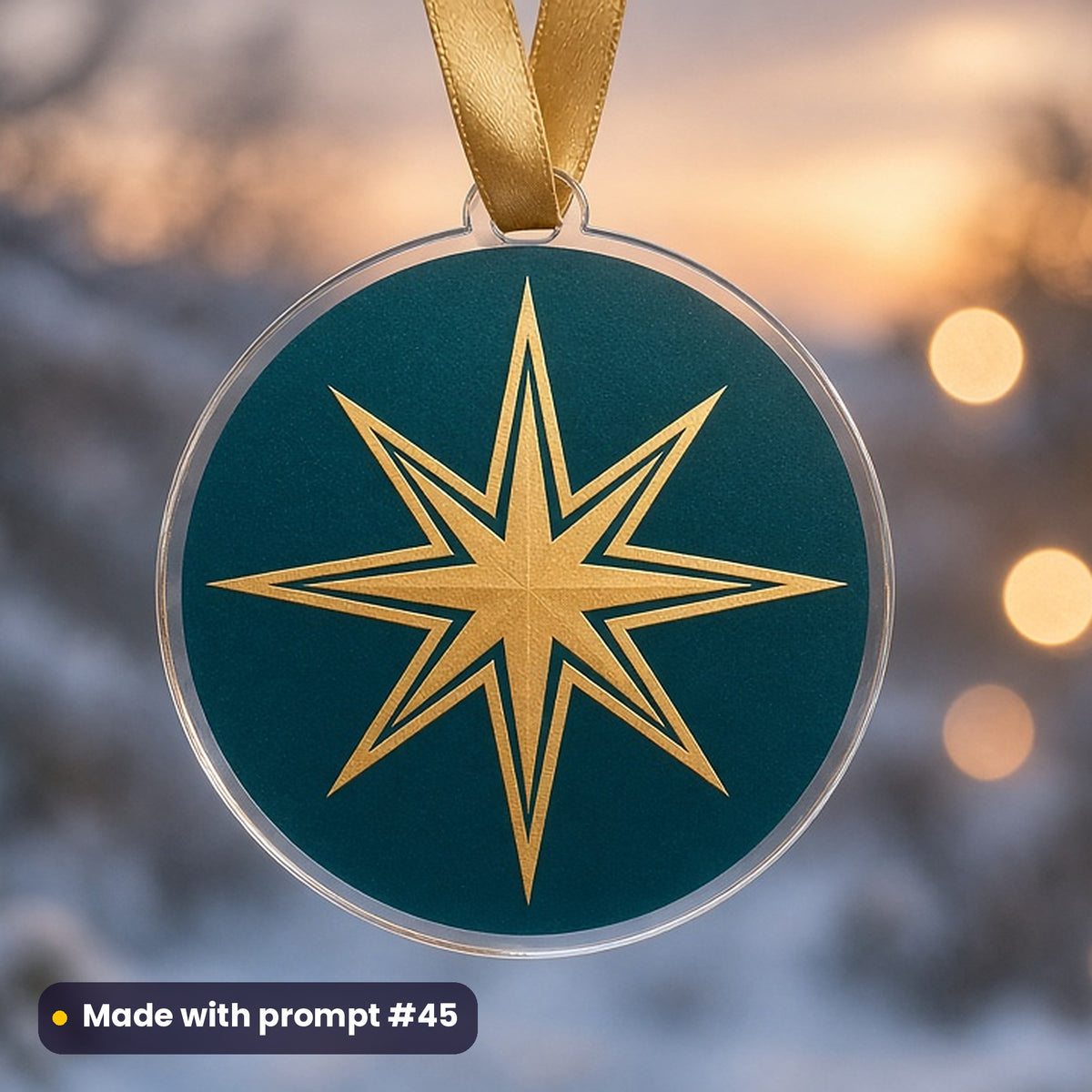 Epiphany & Three Kings' Day artwork printed on a UV-printed clear acrylic ornament: bright eight-pointed guiding star with long golden rays, art deco style, made with prompt #45 from this pack