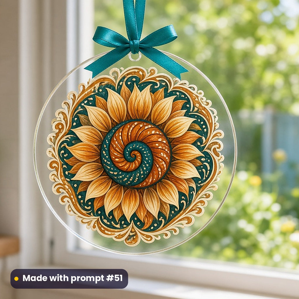 Botanical Illustration artwork printed on a UV-printed clear acrylic ornament: sunflower spiral, folk art style, made with prompt #51 from this pack