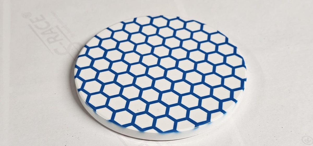 AI24069C Blue and white Honeycomb ,other variations -  Round Ceramic Coasters- Set of 6, gift for all occasions, Designed, made in Britain