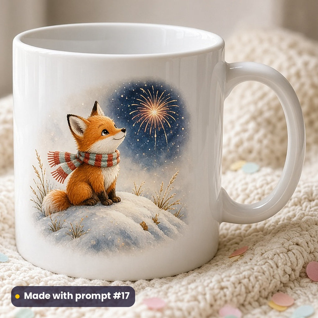 New Year's Day artwork printed on a UV-printed ceramic mug: fox cub in a striped scarf gazing up at a firework burst, whimsical storybook style, made with prompt #17 from this pack