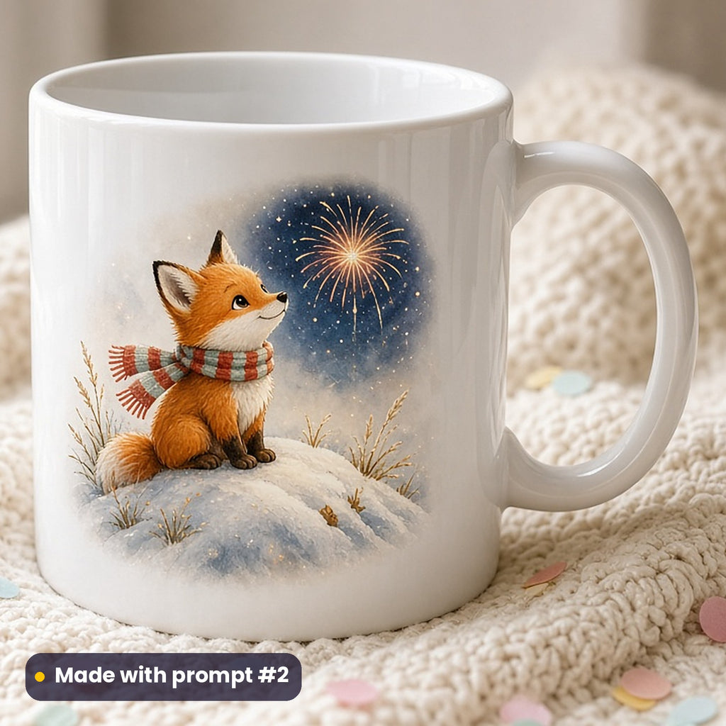 New Year's Day artwork printed on a UV-printed ceramic mug: fox cub in a striped scarf gazing up at a firework burst, whimsical storybook style, made with prompt #2 from this pack