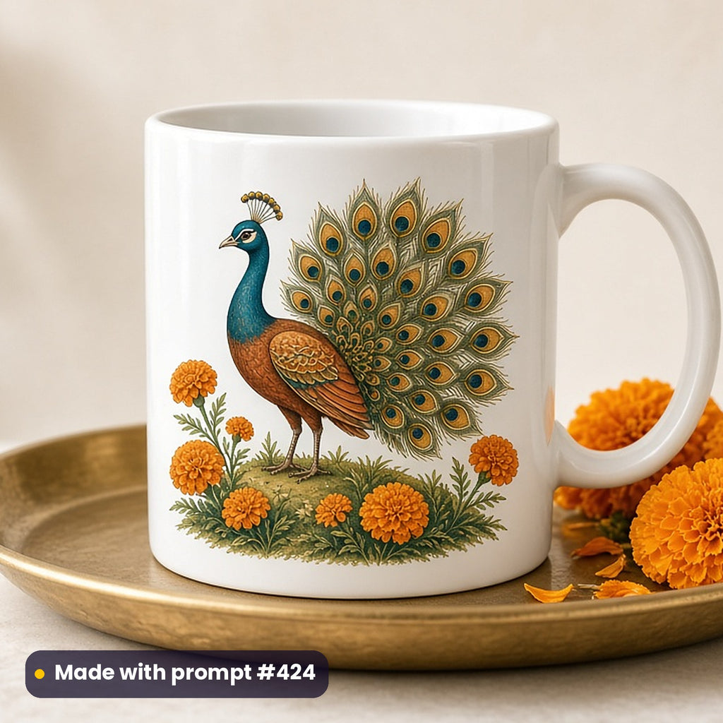 Makar Sankranti & Pongal artwork printed on a UV-printed ceramic mug: peacock displaying among marigolds, whimsical storybook style, made with prompt #424 from this pack