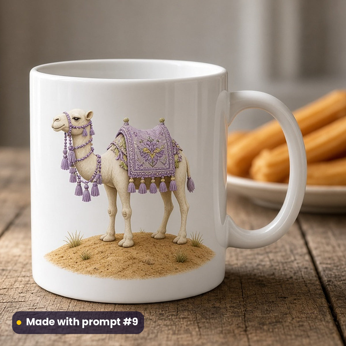Epiphany & Three Kings' Day artwork printed on a UV-printed ceramic mug: decorated camel with tasselled bridle and saddle cloth, handcrafted clay illusion style, made with prompt #9 from this pack