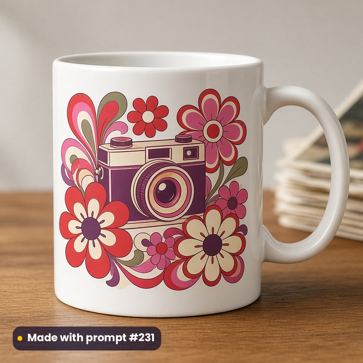 Retro & Nostalgia artwork printed on a UV-printed ceramic mug: vintage camera with flowers, retro psychedelic style, made with prompt #231 from this pack