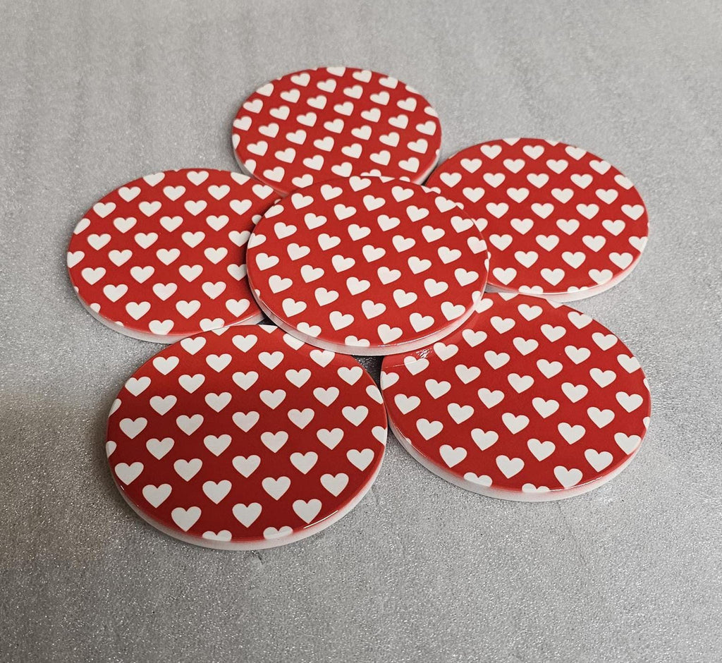 AI24068RWC Where the Heart is , White on Red / Red on White - Round Ceramic Coasters- Set of 6, gift for all , Designed made in Britain