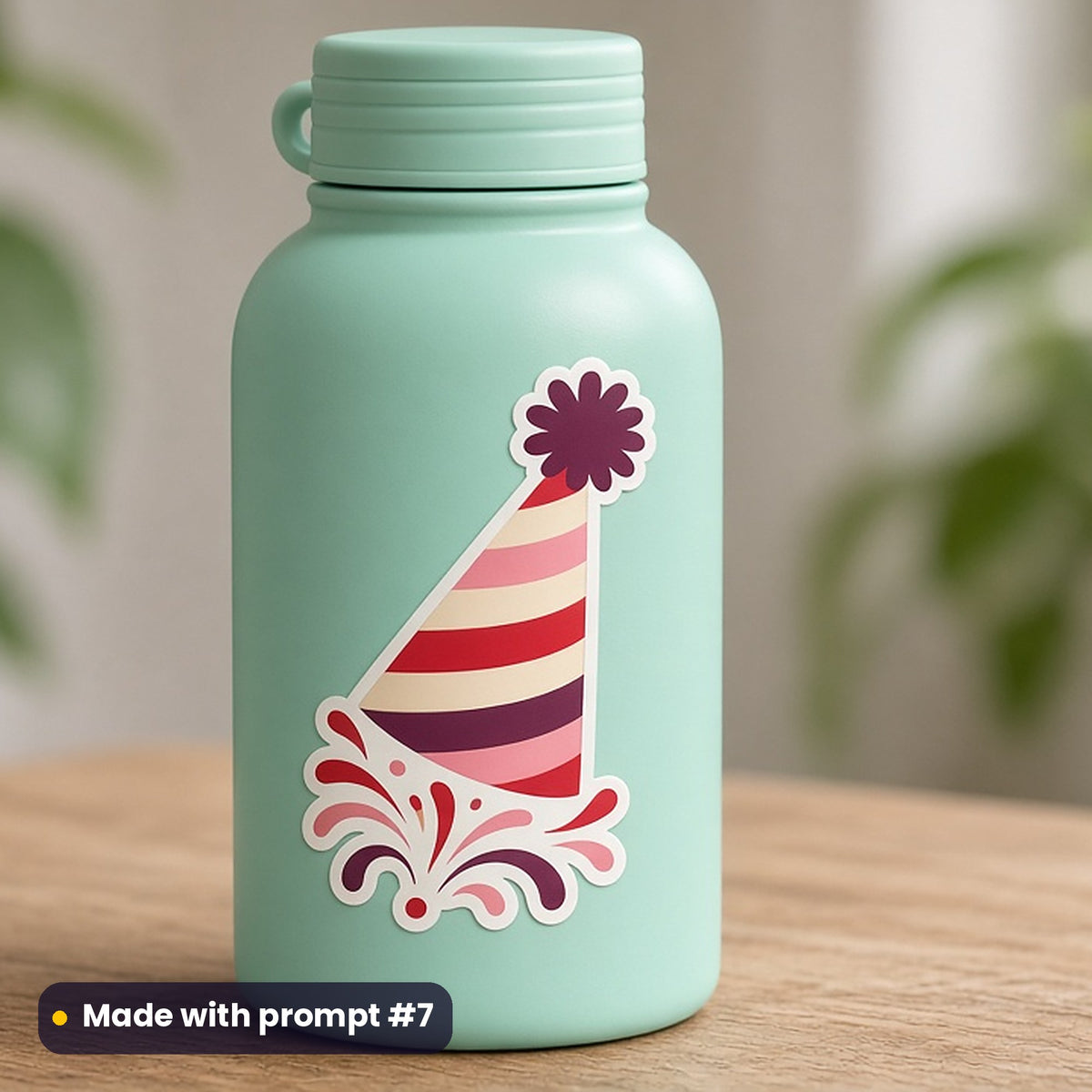 New Year's Day artwork printed on a die-cut vinyl sticker: striped party hat with a pom-pom and a swirl of confetti, pop art style, made with prompt #7 from this pack