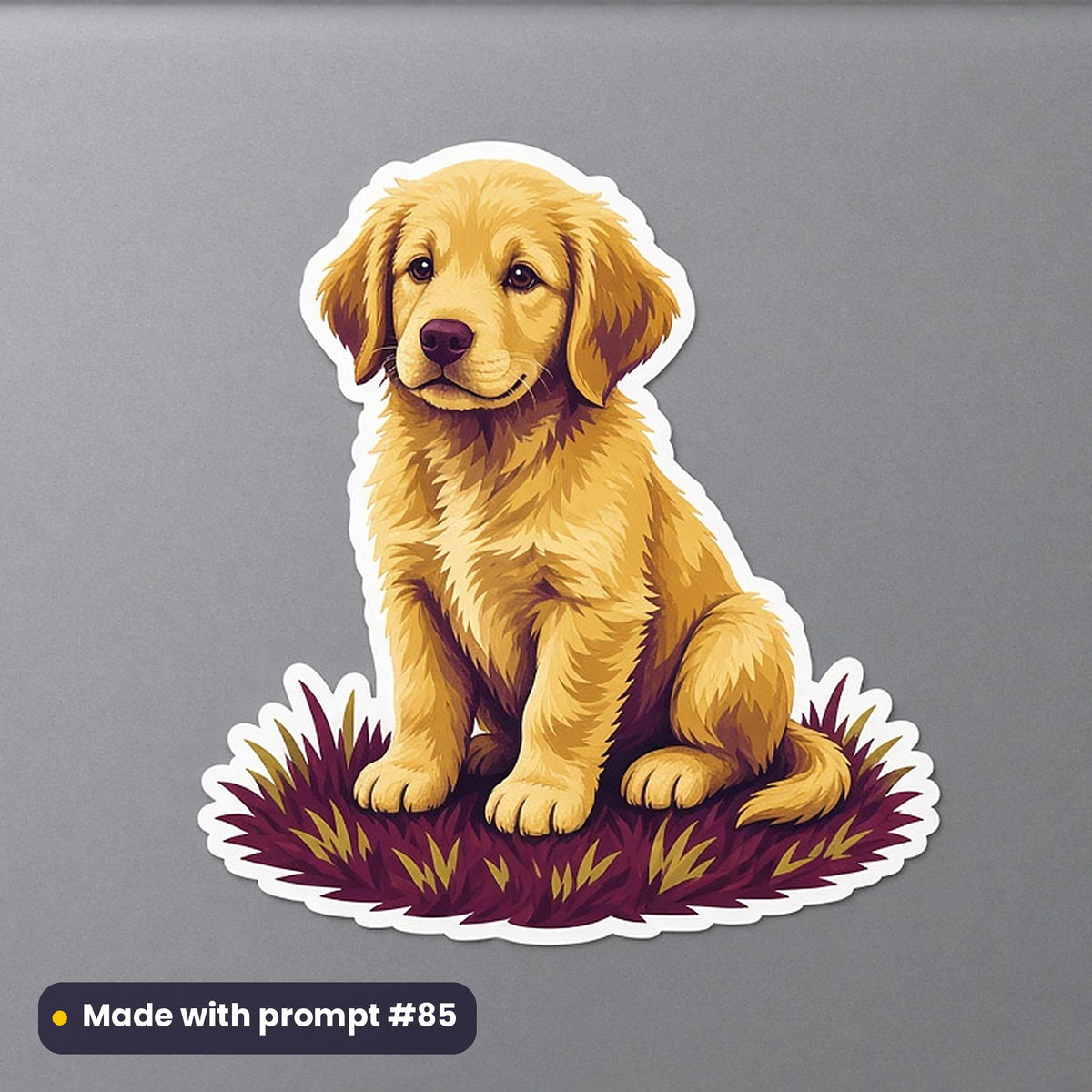 Pets & Animal Portraits artwork printed on a die-cut vinyl sticker: golden retriever puppy, pop art style, made with prompt #85 from this pack