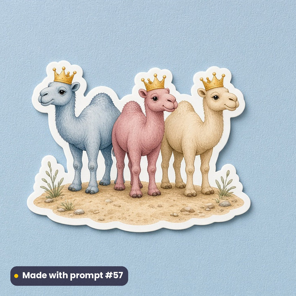 Epiphany & Three Kings' Day artwork printed on a die-cut vinyl sticker: friendly camel trio wearing tiny crowns, storybook style, whimsical storybook style, made with prompt #57 from this pack