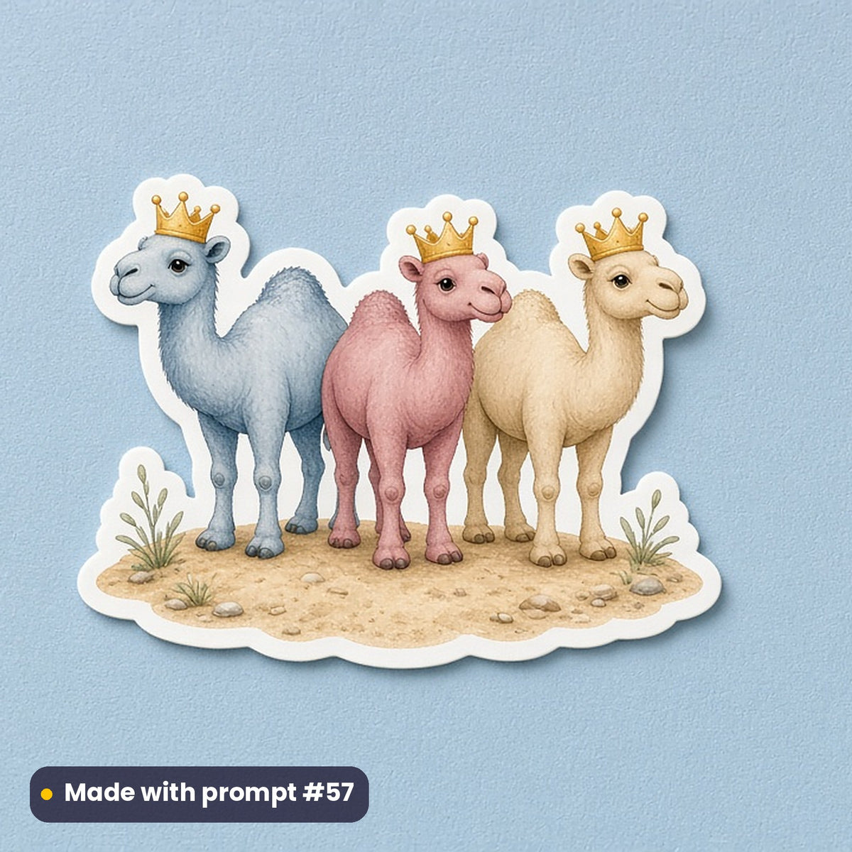 Epiphany & Three Kings' Day artwork printed on a die-cut vinyl sticker: friendly camel trio wearing tiny crowns, storybook style, whimsical storybook style, made with prompt #57 from this pack