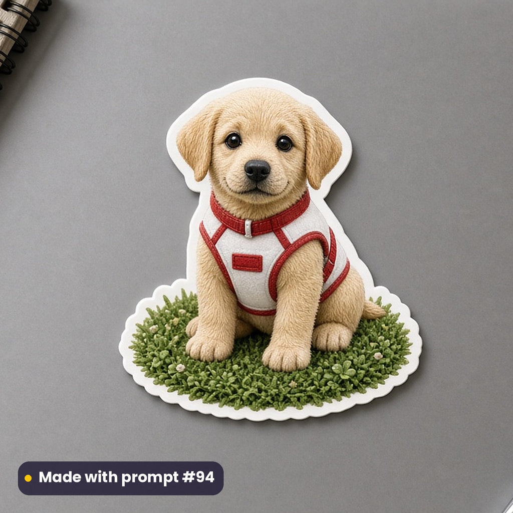 World Braille Day artwork printed on a die-cut vinyl sticker: Labrador guide dog puppy in a little training jacket, handcrafted clay illusion style, made with prompt #94 from this pack