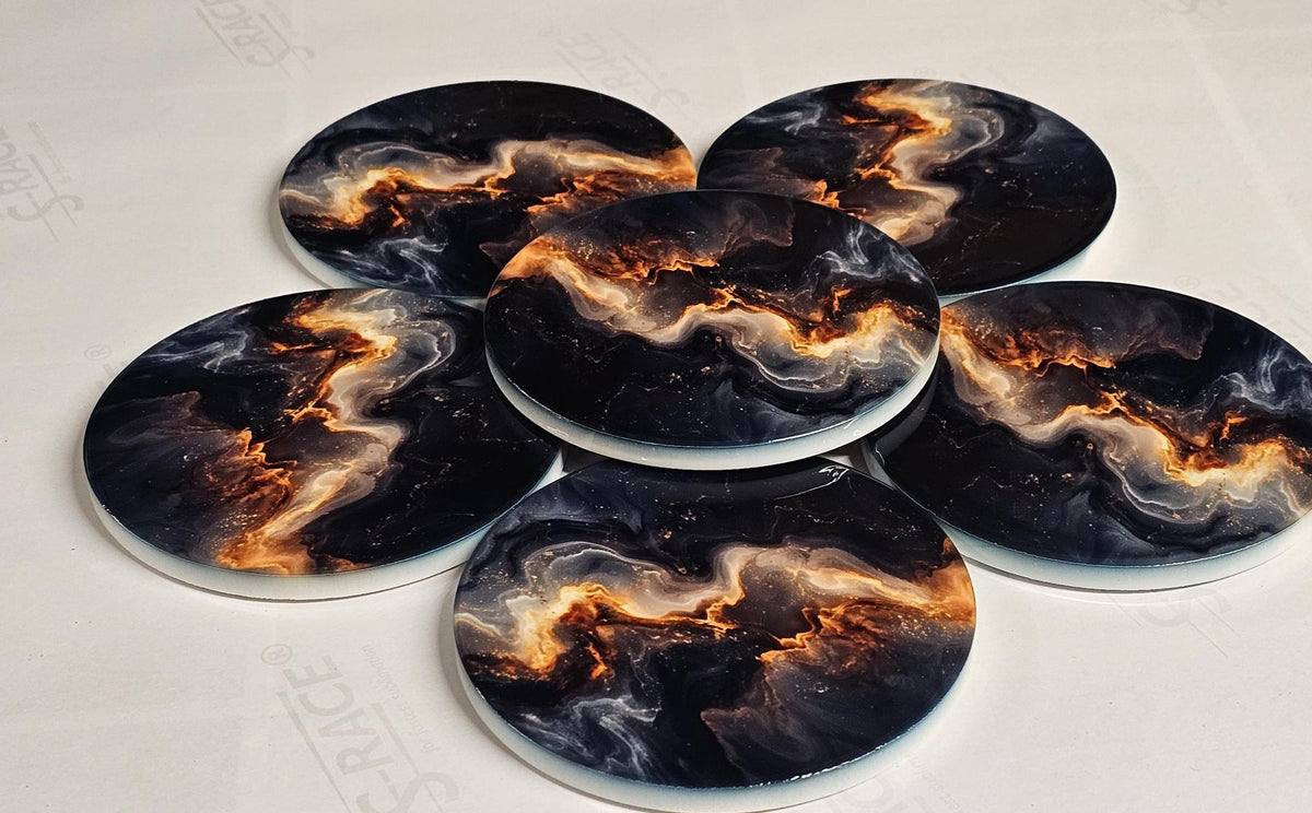 AI24062C Abstract Black & Gold Lave Marble Design -  Round Ceramic Coasters- Set of 6, gift for all occasions, Designed and made in Britain