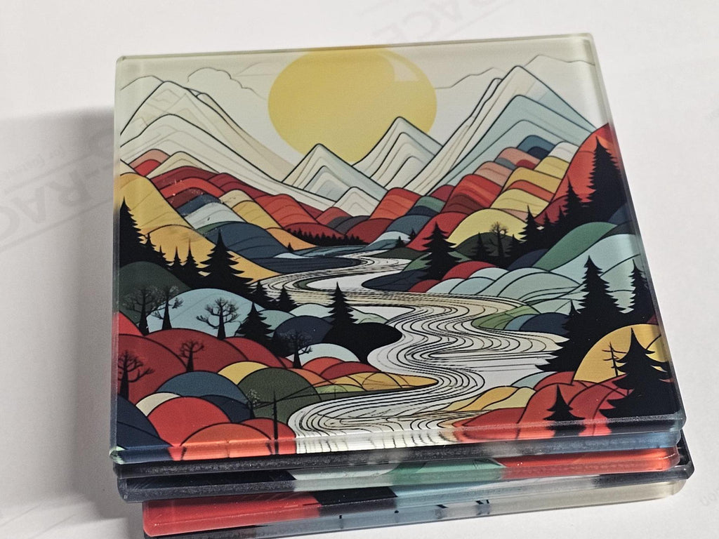 AI24004G Personalised Mountain Landscape Coaster Set - Handmade  Art Glass Coasters - Rustic Cabin Decor Gift - Unique Housewarming Gift