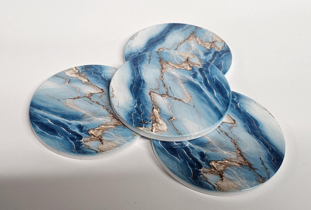 AI24061C Cyan, Blue & Gold Marble effect -  Round Ceramic Coasters- Set of 6, gift for all occasions, Designed and made in Britain