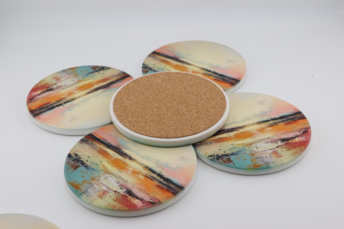 AI24079C Abstract Minimalist Watercolour Landscape - Multi coloured Round Ceramic Coasters- Set of 6,gift for all occasions, Made in Britain