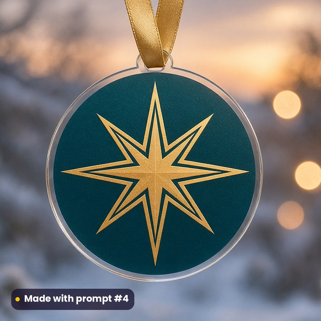 Epiphany & Three Kings' Day artwork printed on a UV-printed clear acrylic ornament: bright eight-pointed guiding star with long golden rays, art deco style, made with prompt #4 from this pack