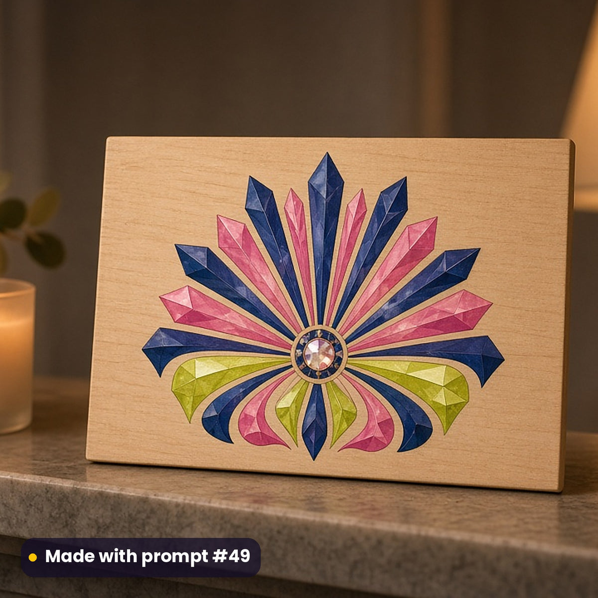 New Year's Day artwork printed on a UV-printed wooden plaque: art deco starburst medallion with fan-shaped rays, luxury enamel & gemstone style, made with prompt #49 from this pack