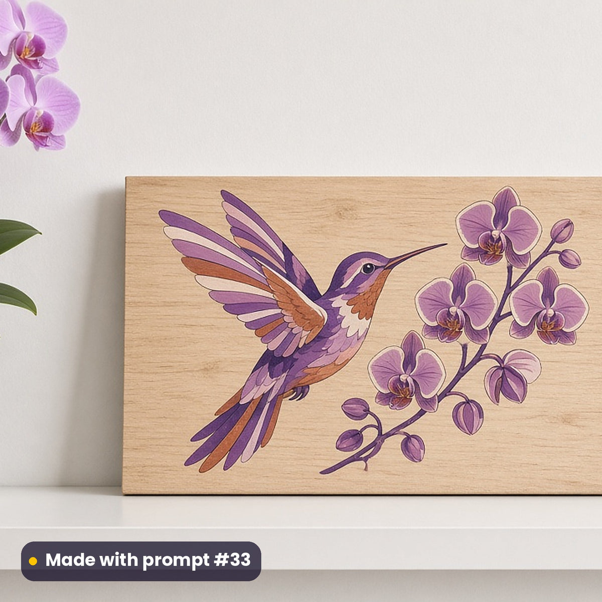 Pets & Animal Portraits artwork printed on a UV-printed wooden plaque: hummingbird with orchids, retro psychedelic style, made with prompt #33 from this pack