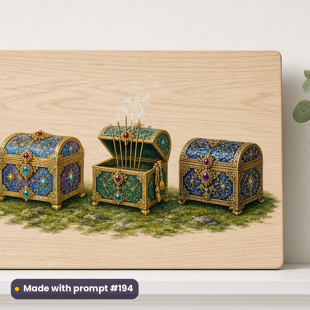 Epiphany & Three Kings' Day artwork printed on a UV-printed wooden plaque: three ornate gift caskets of gold, frankincense and myrrh, luxury enamel & gemstone style, made with prompt #194 from this pack