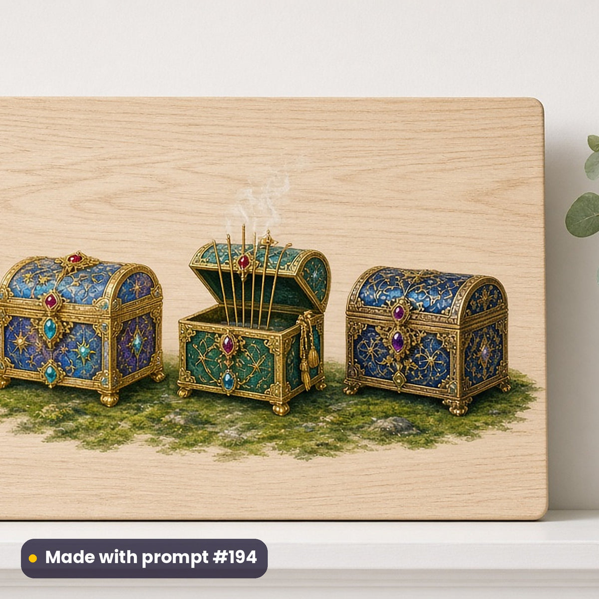 Epiphany & Three Kings' Day artwork printed on a UV-printed wooden plaque: three ornate gift caskets of gold, frankincense and myrrh, luxury enamel & gemstone style, made with prompt #194 from this pack