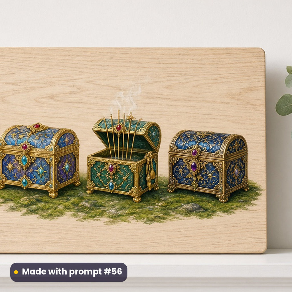 Epiphany & Three Kings' Day artwork printed on a UV-printed wooden plaque: three ornate gift caskets of gold, frankincense and myrrh, luxury enamel & gemstone style, made with prompt #56 from this pack