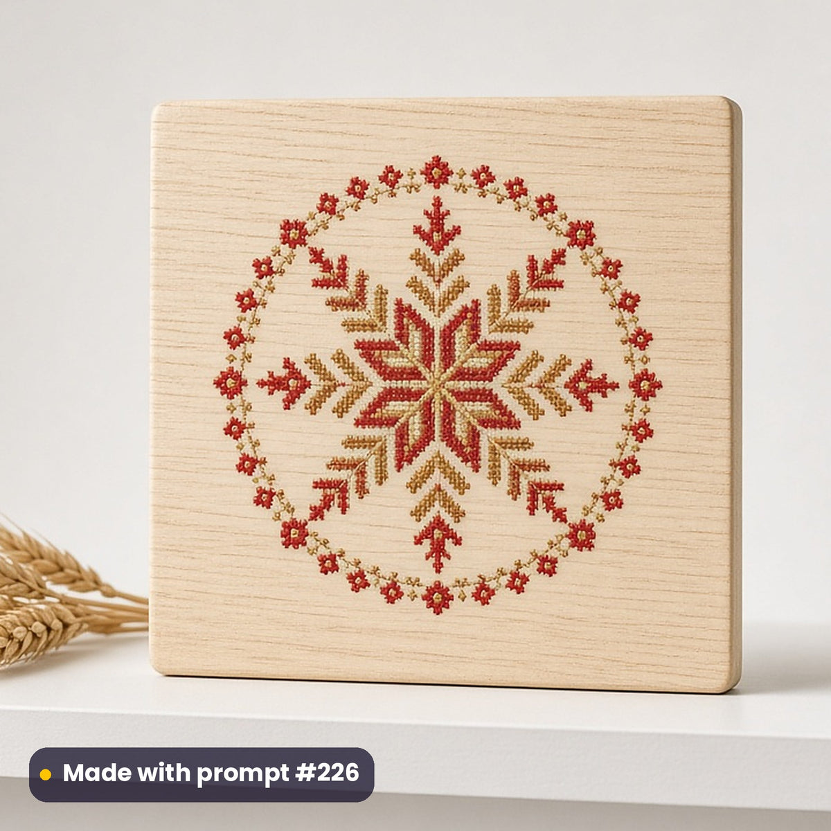 Orthodox Christmas artwork printed on a UV-printed wooden plaque: folk-embroidered star medallion in red and gold, watercolour & ink style, made with prompt #226 from this pack