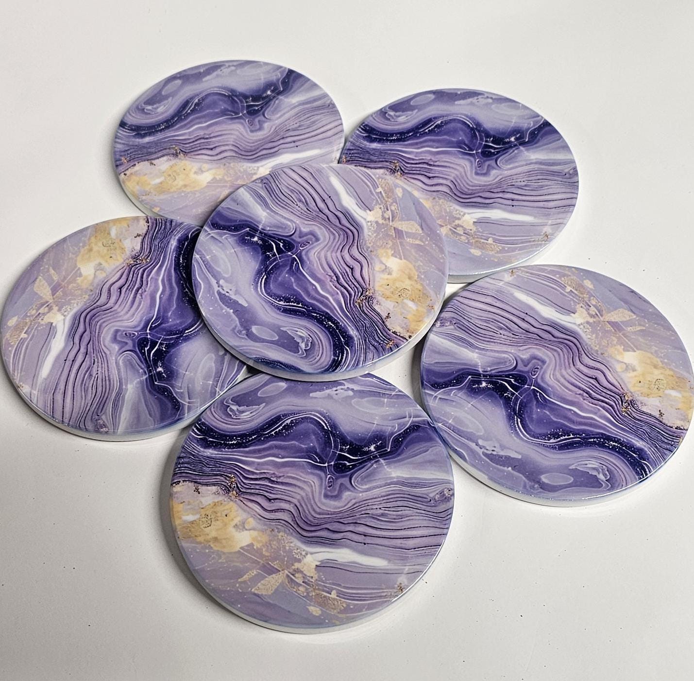 AI24066C Lilac Violet & Gold Marble effect -  Round Ceramic Coasters- Set of 6, gift for all occasions, Designed and made in Britain