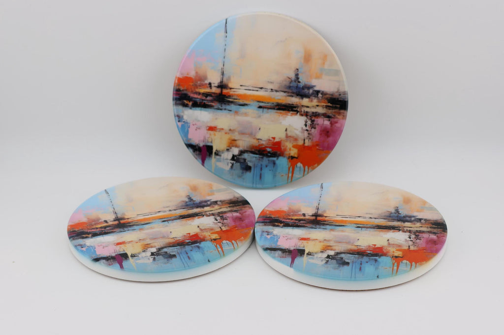 AI24080C Abstract Minimalist Watercolour Seascape - Multi coloured Round Ceramic Coasters- Set of 6, gift for all occasions, Made in Britain