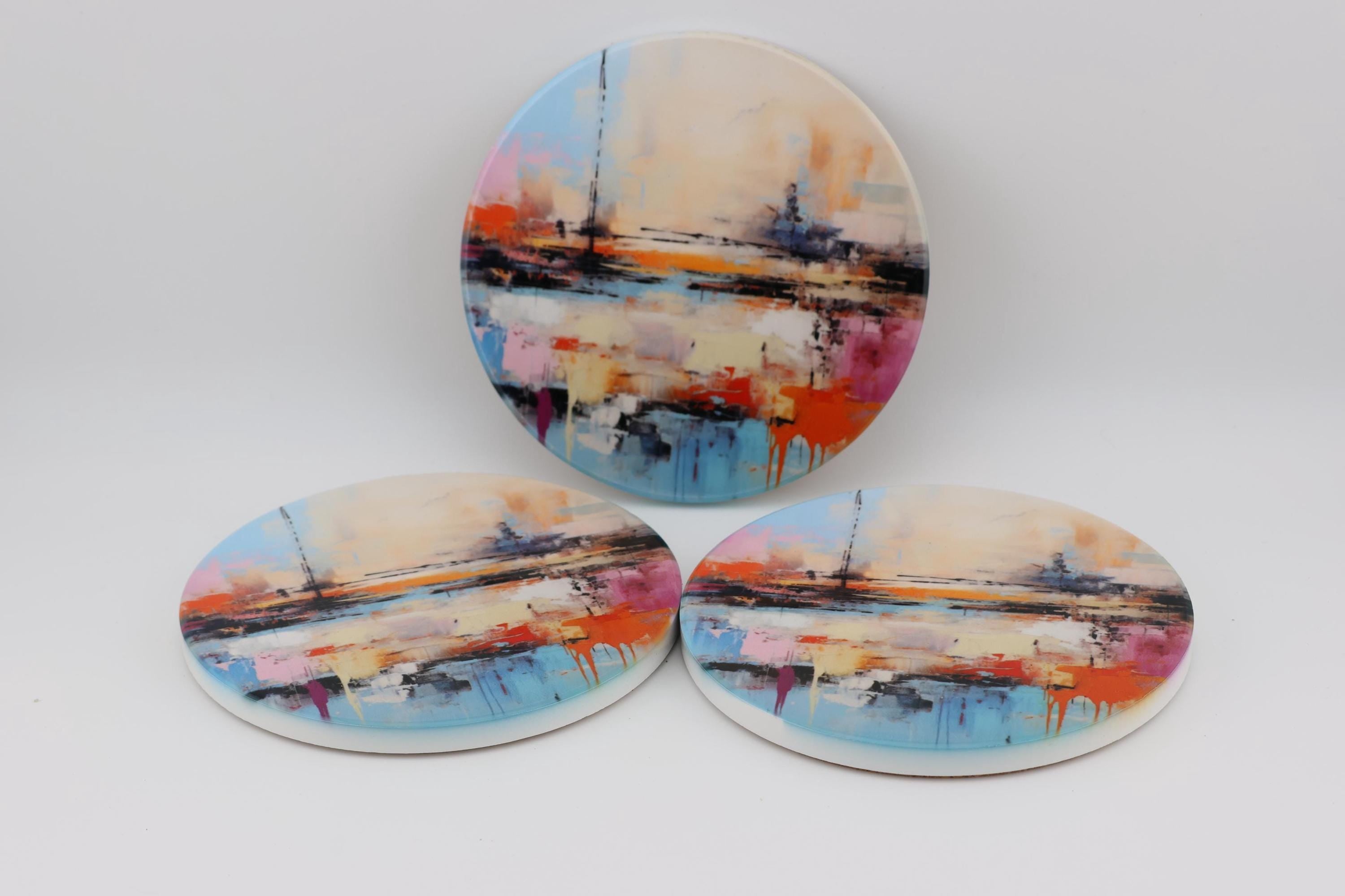AI24080C Abstract Minimalist Watercolour Seascape - Multi coloured Round Ceramic Coasters- Set of 6, gift for all occasions, Made in Britain