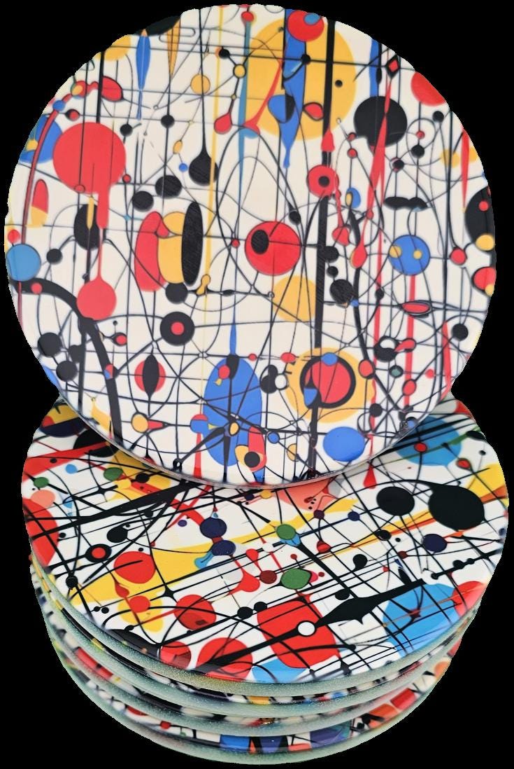 Pollock Style Ceramic Coasters, Colorful Abstract Round Drink Coasters, Modern Art Table Decor