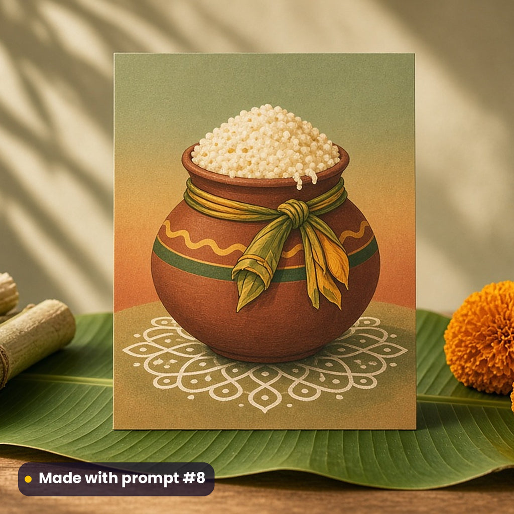 Makar Sankranti & Pongal artwork printed on a flat-printed greeting card: clay Pongal pot boiling over with sweet rice, tied with a turmeric plant, retro psychedelic style, made with prompt #8 from this pack