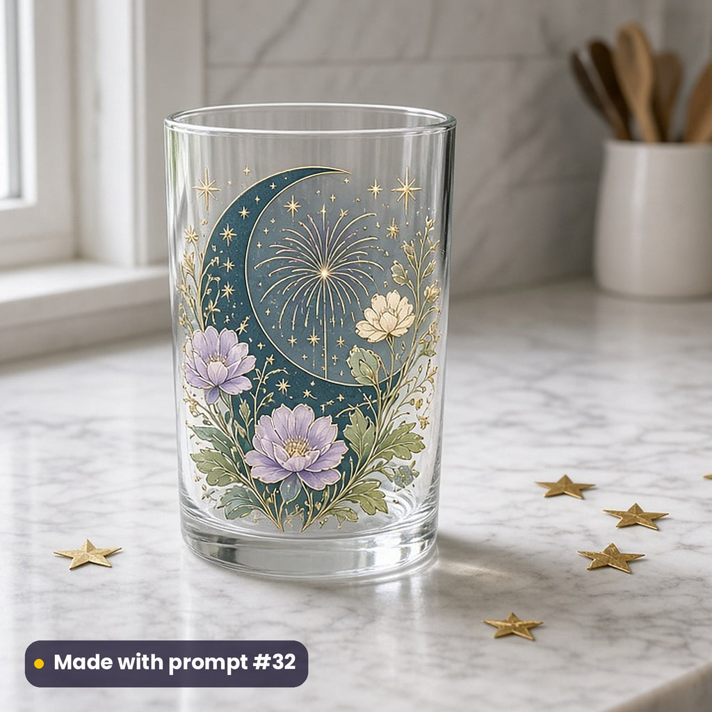 New Year's Day artwork printed on a UV DTF decal on glass: crescent moon cradling exploding fireworks and twinkling stars, elegant line & floral style, made with prompt #32 from this pack