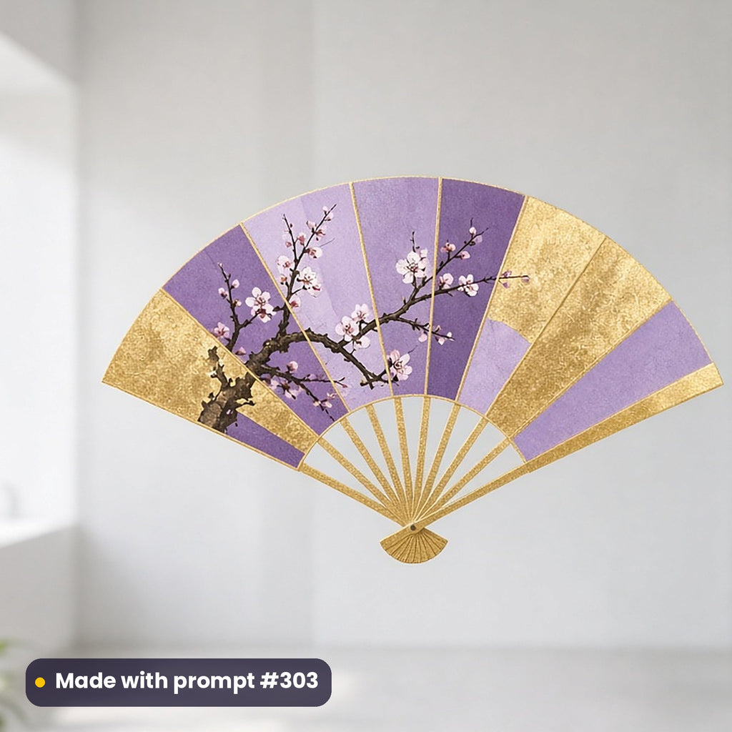 Coming of Age Day artwork printed on a UV DTF decal on glass: folding fan with gold leaf and blossom painting, minimal bold graphic style, made with prompt #303 from this pack