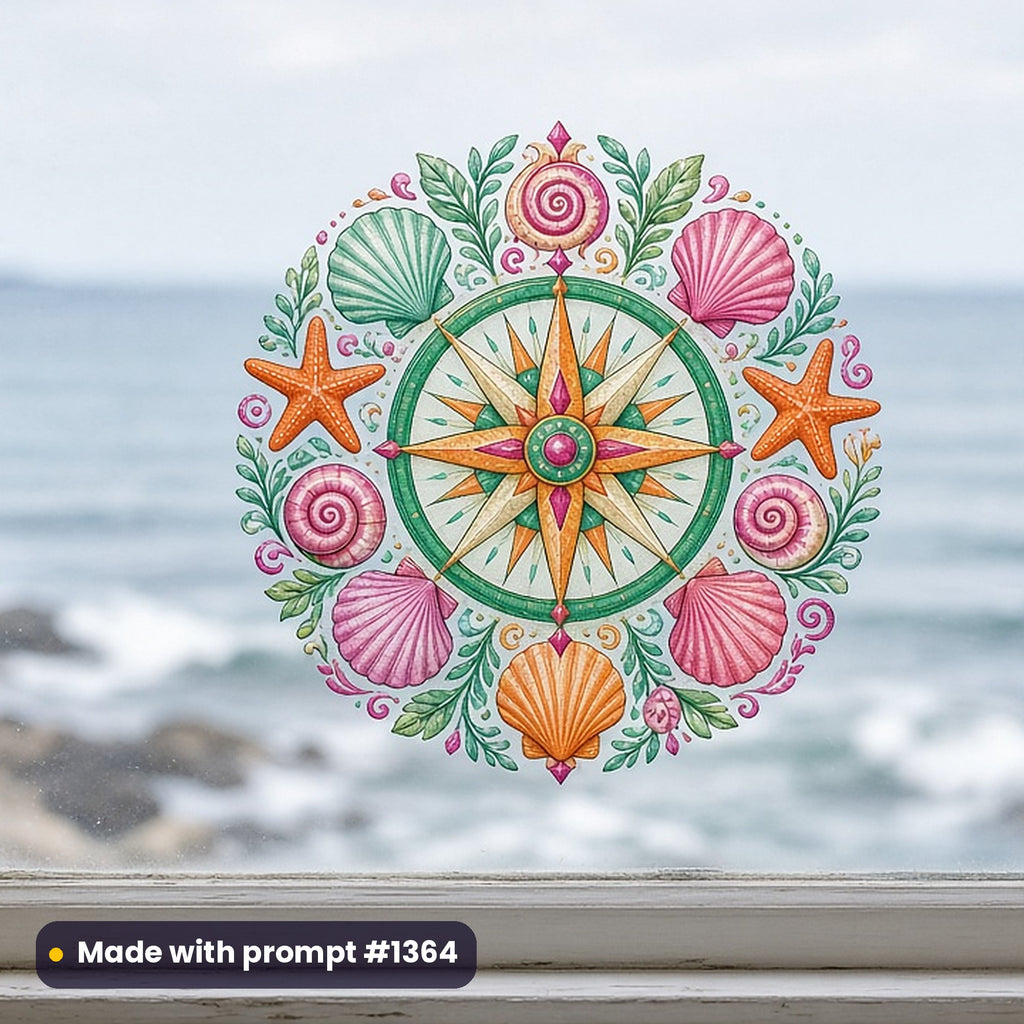 Travel & Coastal artwork printed on a UV DTF decal on glass: nautical compass with seashells, folk art style, made with prompt #1364 from this pack