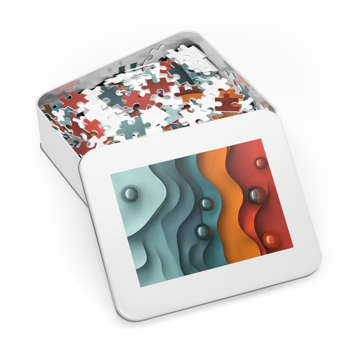 Teal Coral Waves Jigsaw Puzzle with Tin – Sculpted Wave Abstract