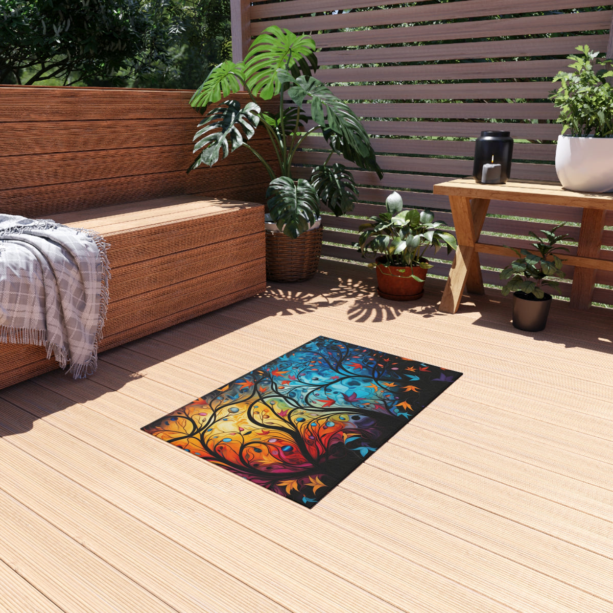 Glowing Autumn Woodland Outdoor Rug – Luminous Art-Print Style