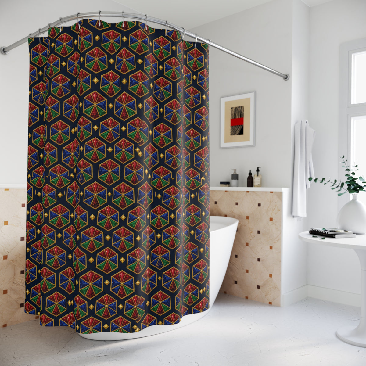 Hexagon Gem Wheels Shower Curtain – Kaleidoscopic Pattern