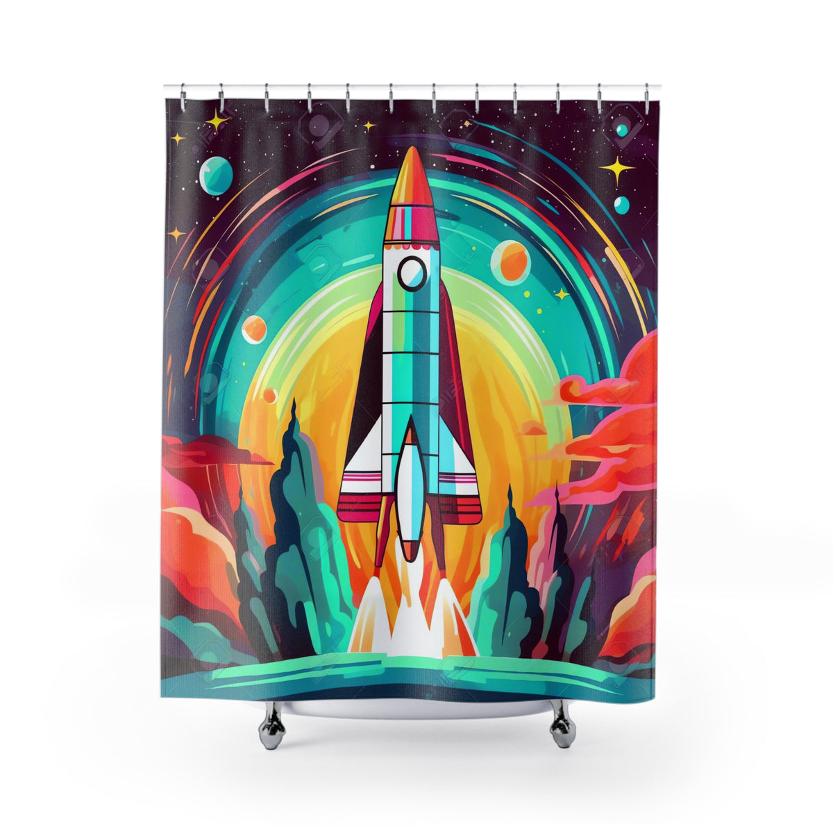 Retro Rocket Launch Shower Curtain – Retro Space Art