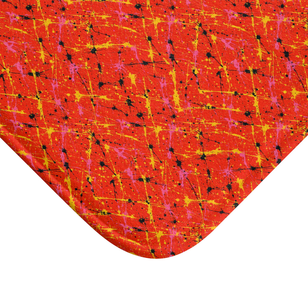 Vermilion Riot Bath Mat – Action-Painting Abstract Pattern