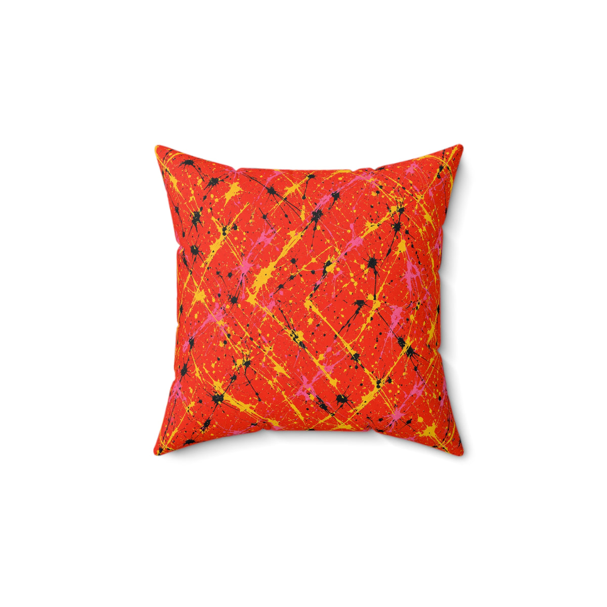 Vermilion Riot Faux Suede Cushion – Action-Painting Abstract Pattern