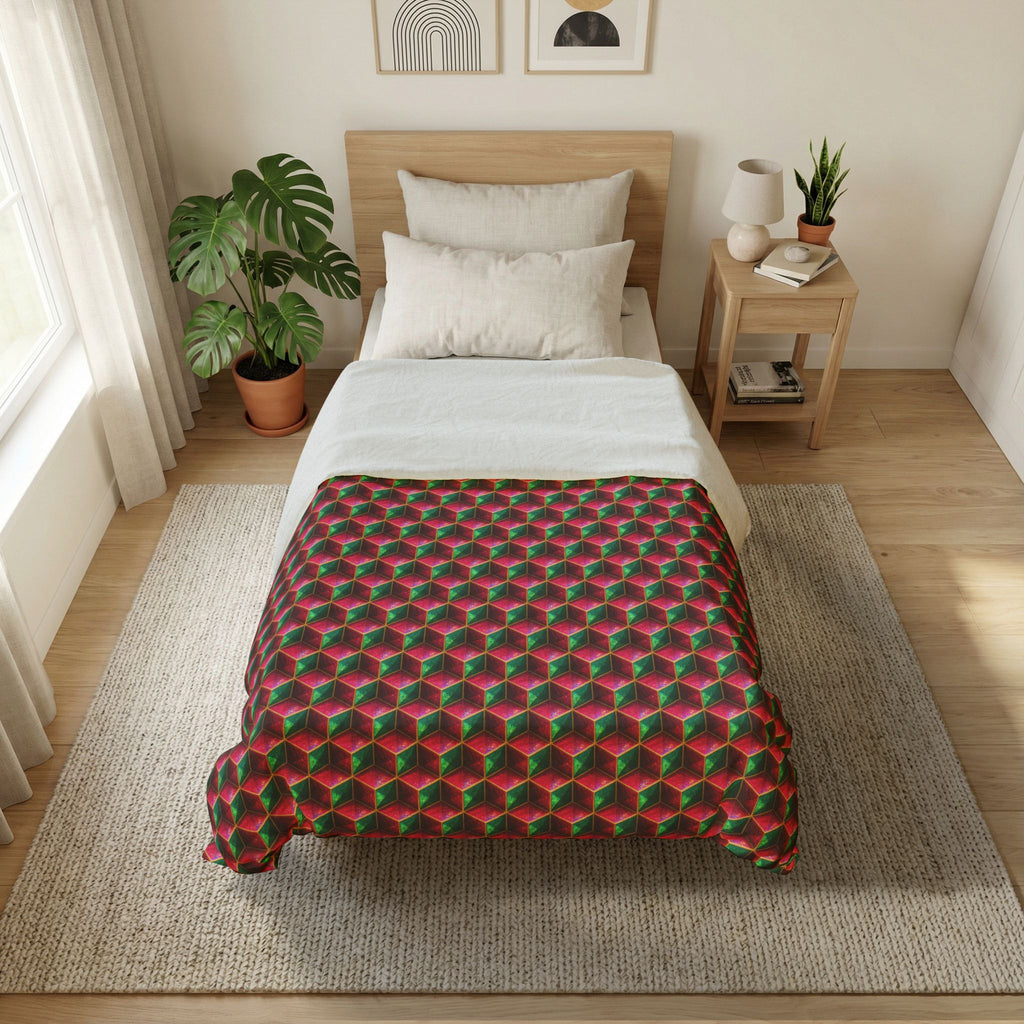 Faceted Cube Illusion Cotton Duvet Cover – Holographic-Look Geometric Pattern