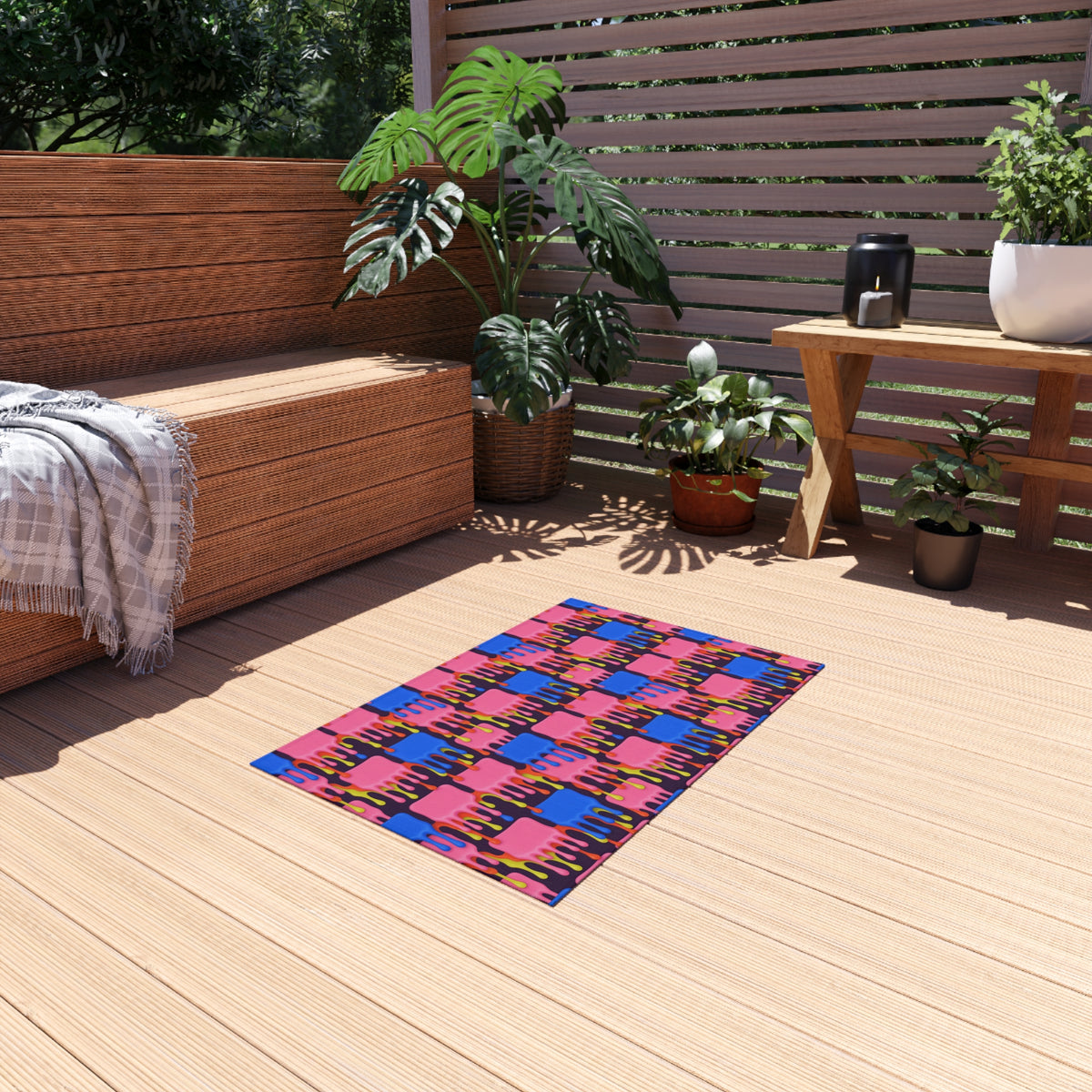 Melting Checkerboard Outdoor Rug – Psychedelic Op-Art Pattern