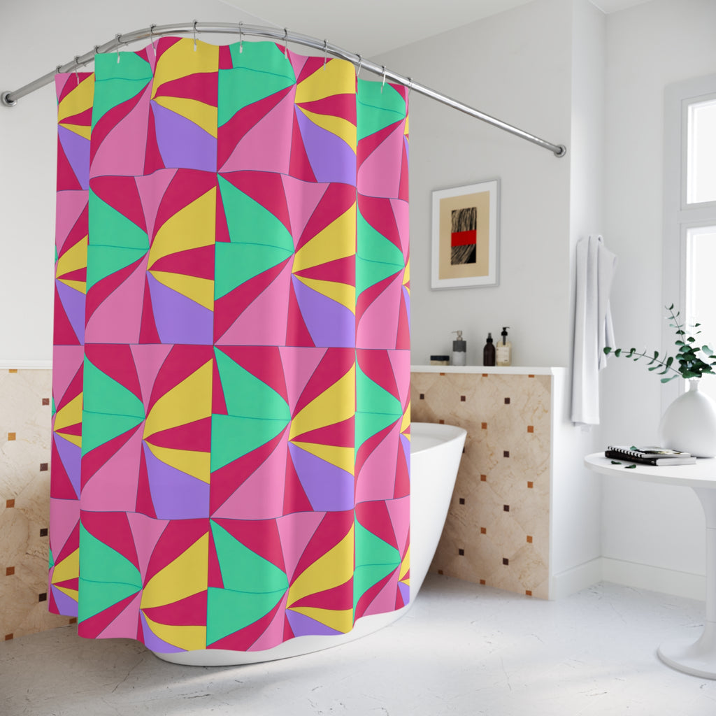 Cubist Sunburst Blocks Shower Curtain – Candy Pop on Raspberry