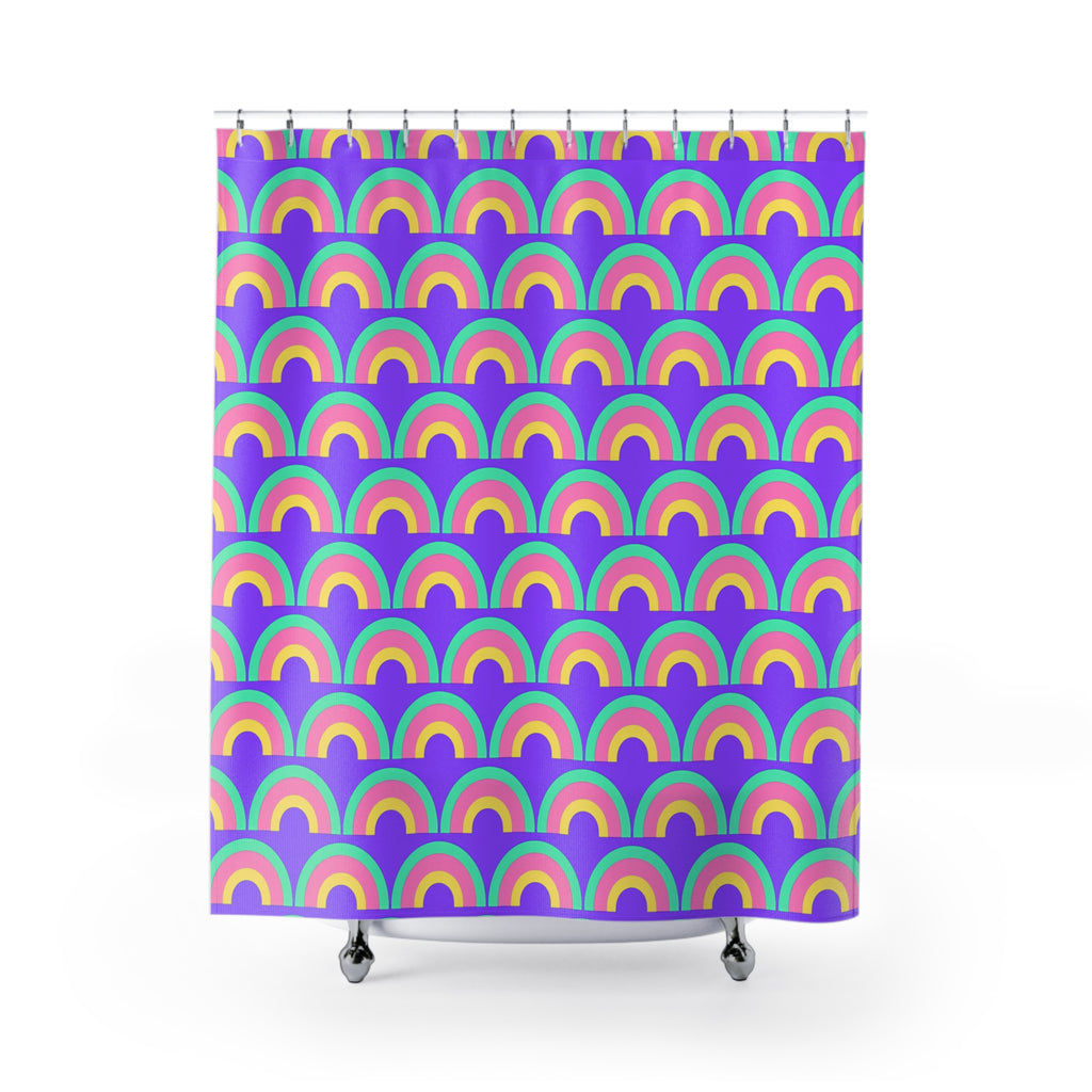 Chromatic Scallop Ripple Shower Curtain – Candy Pastel on Grape
