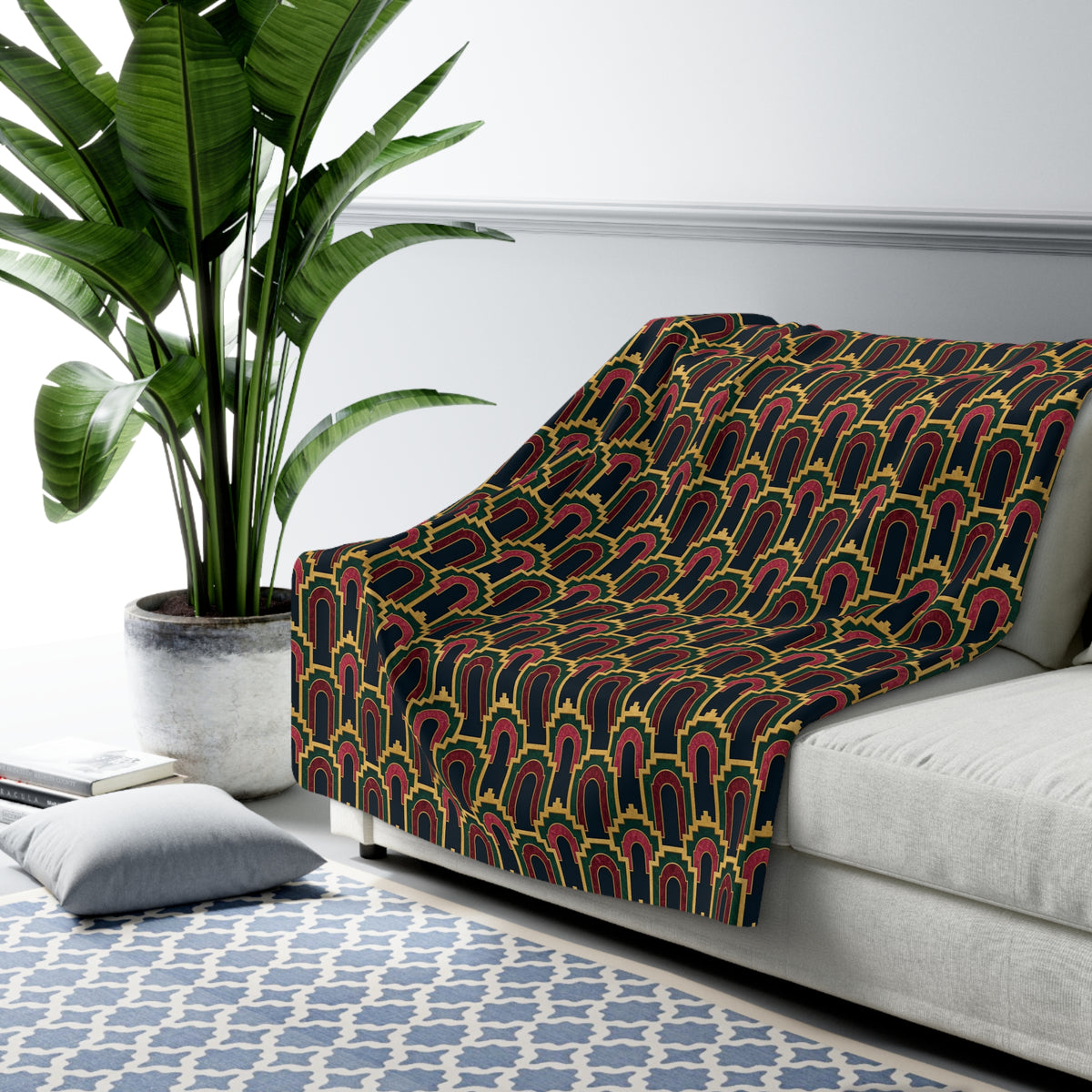 Stepped Gold Arches Sherpa Fleece Blanket – Art Deco Pattern