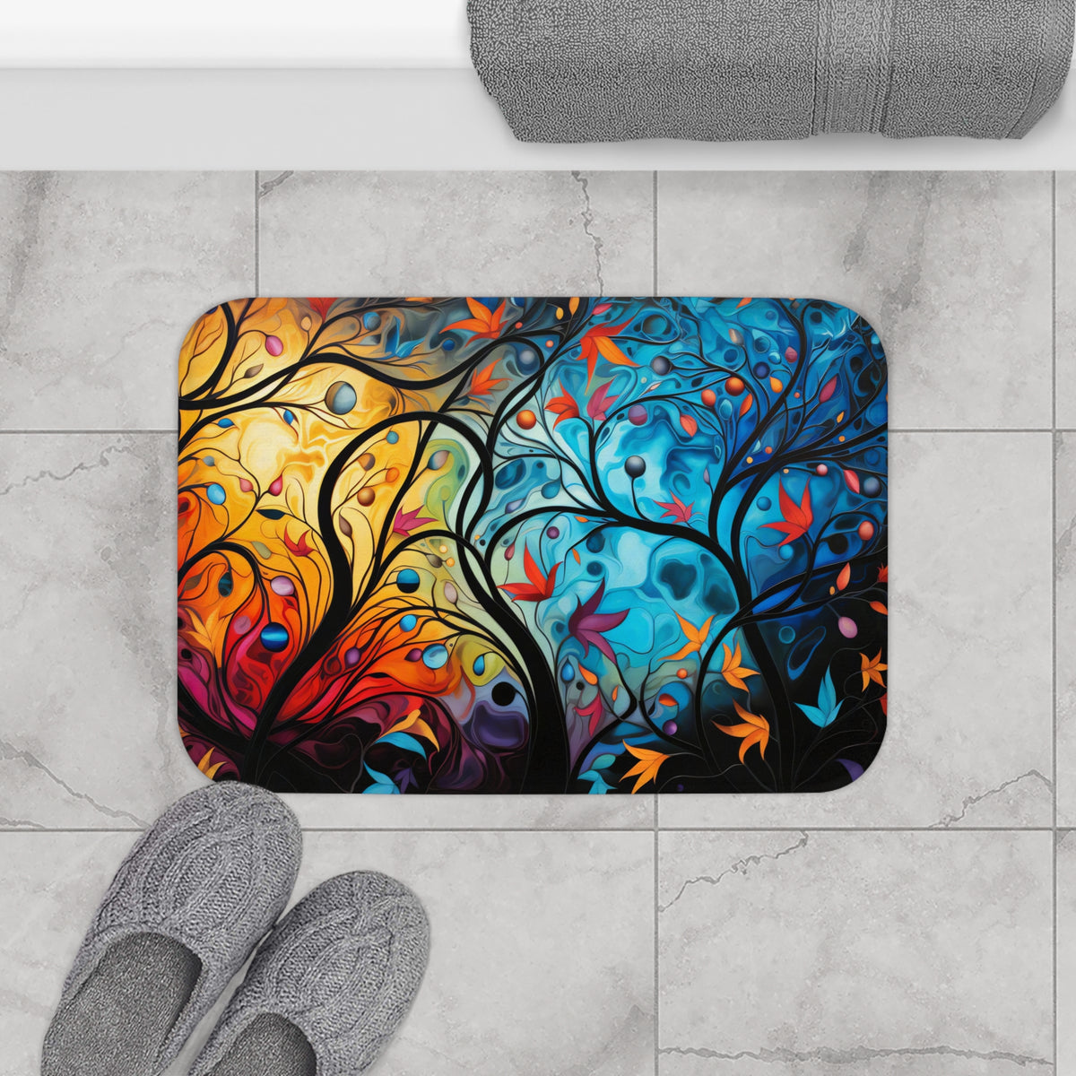Glowing Autumn Woodland Bath Mat – Luminous Art-Print Style