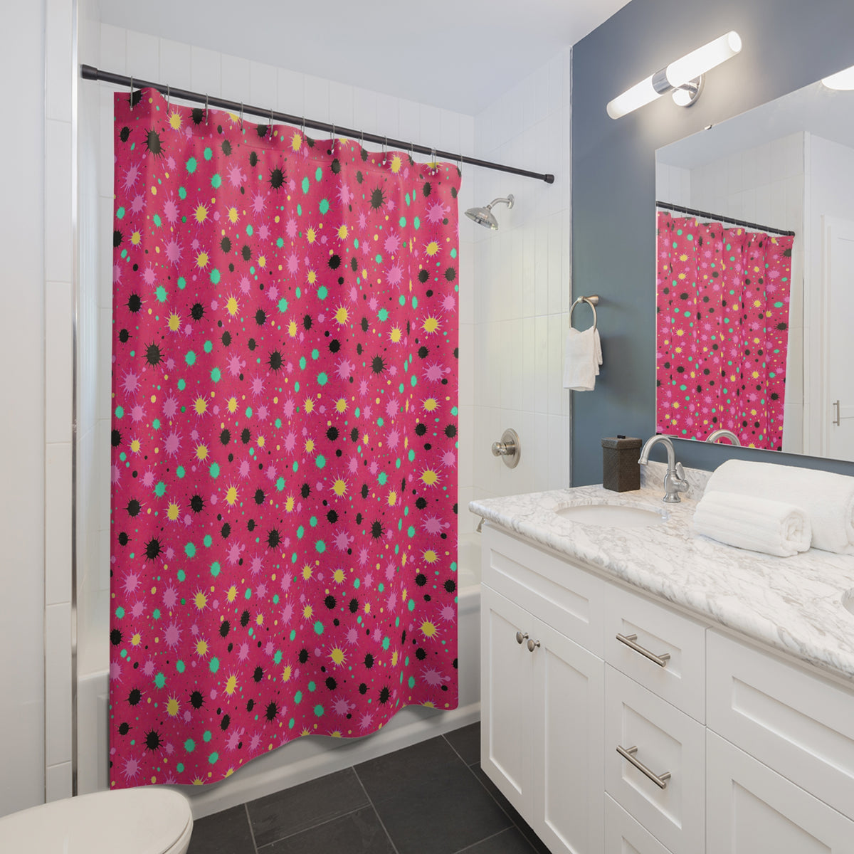 Splat Storm Shower Curtain – Candy Pop on Raspberry