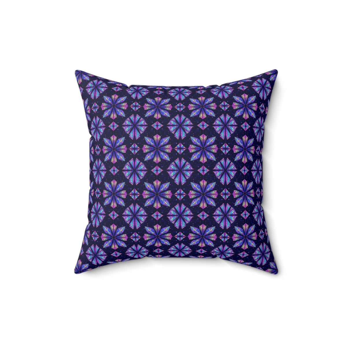 Crystal Bloom Kaleidoscope Faux Suede Cushion – Holographic-Look Geometric Pattern