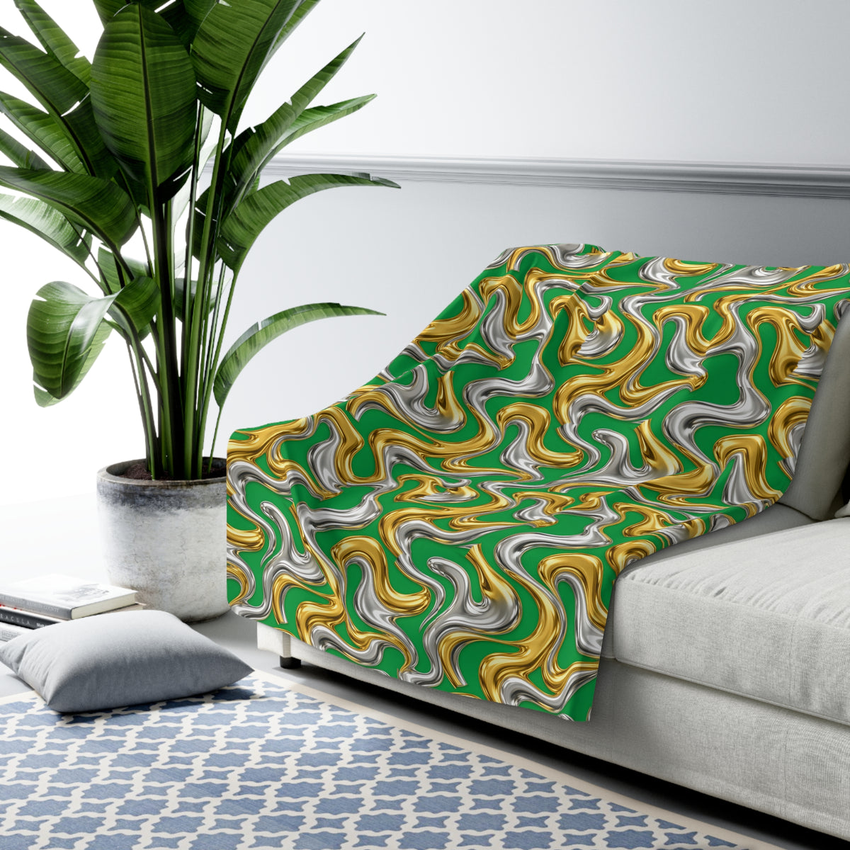 Broad Melting Gold Ribbons Sherpa Fleece Blanket – Liquid Chrome Pattern