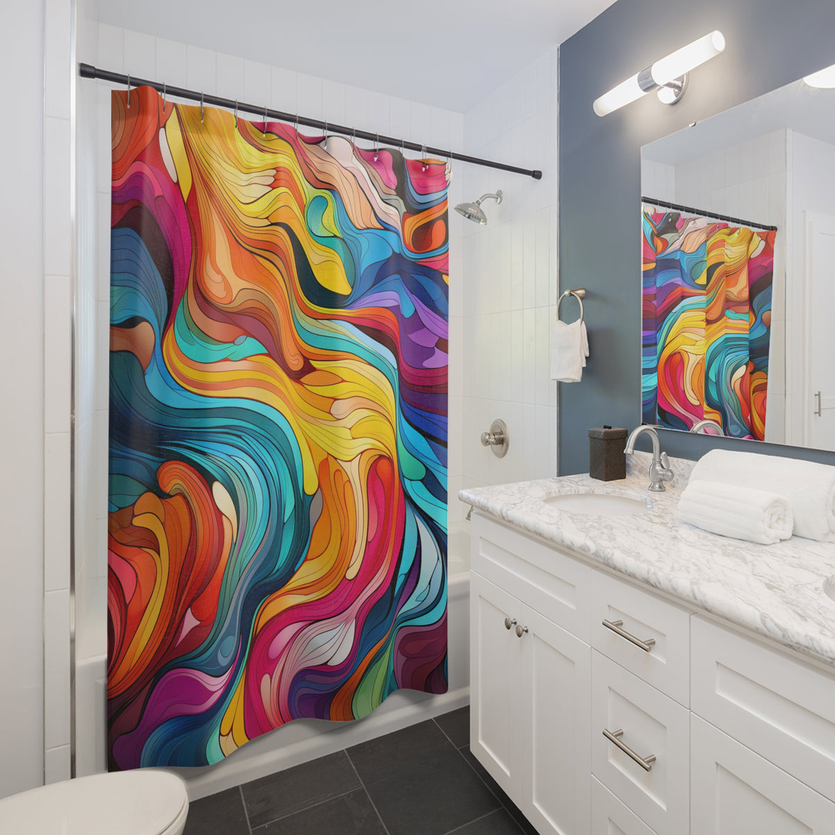 Neon Wave Swirl Shower Curtain – Psychedelic Wave Art
